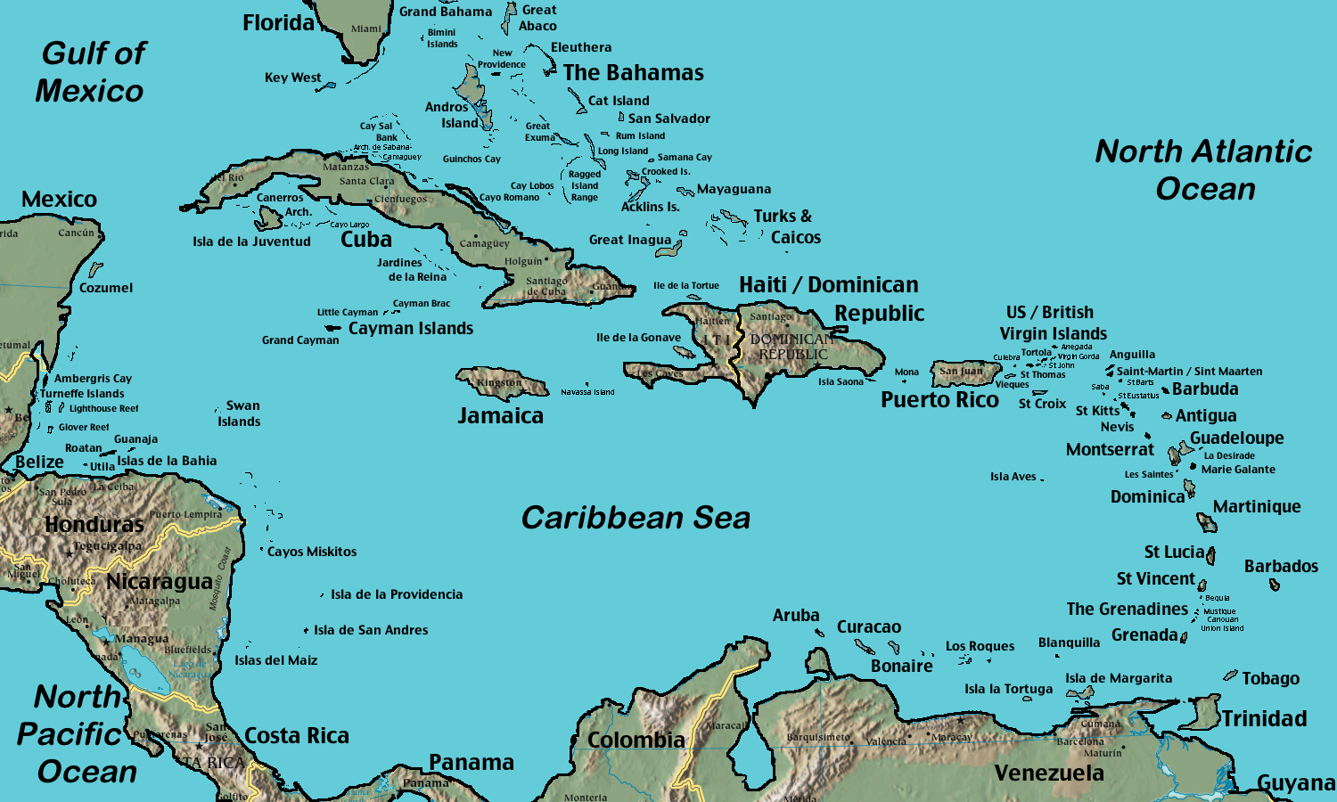 Map of the Caribbean region, from the Bahamas south to Trinidad and Tobago